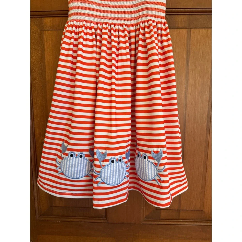 BB Baby Crab Smocked Sundress Girls Size 7 Striped Bow Sleeves Summer Resortwear - Picture 4 of 15